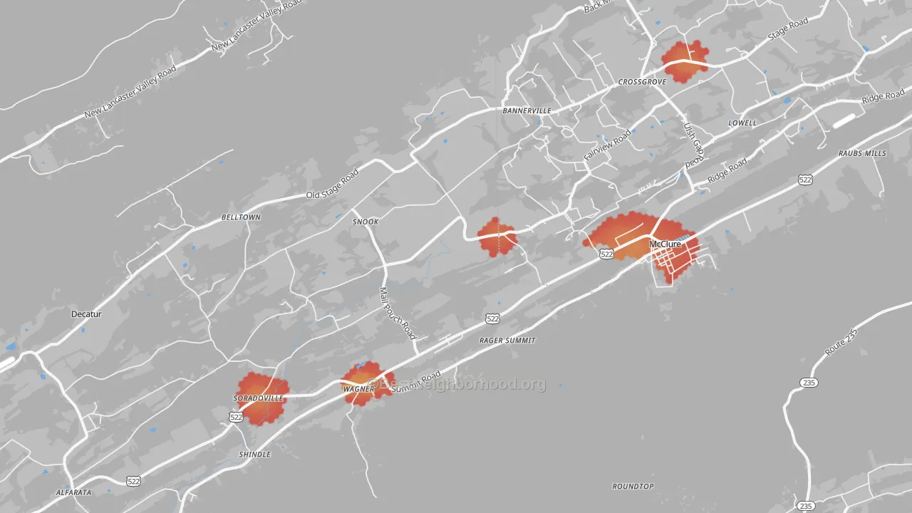 Walk Grade map of 17841, PA, walkable areas in green and car-dependent areas in red
