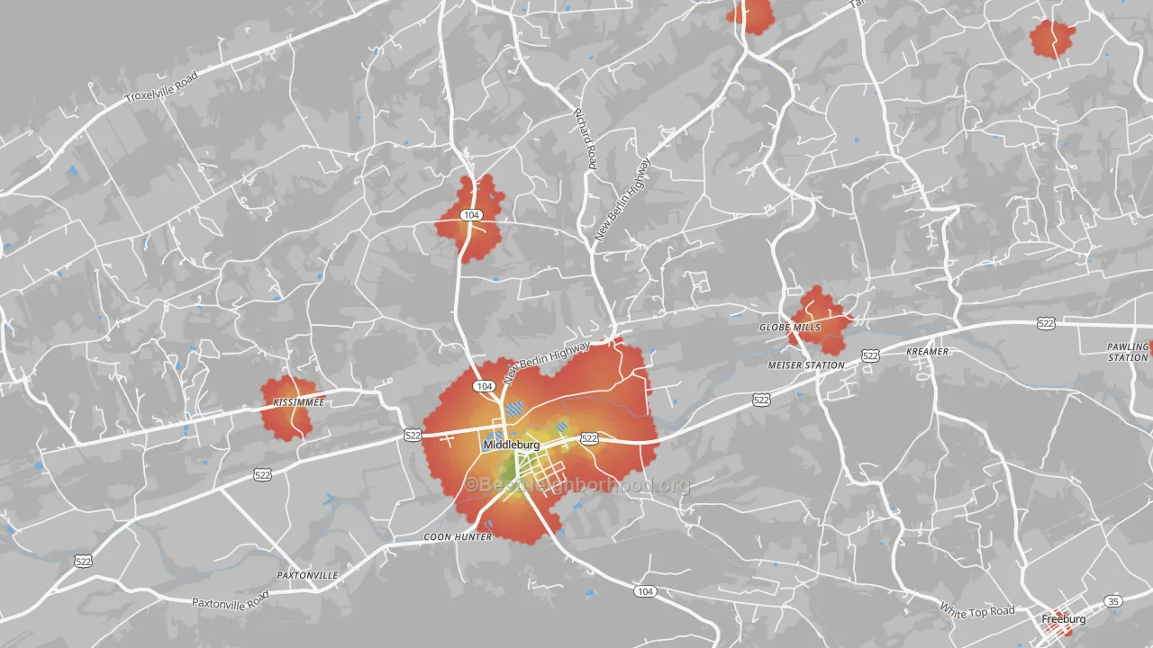 Walk Grade map of 17842, PA, walkable areas in green and car-dependent areas in red