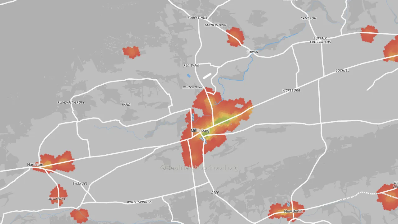 Walk Grade map of 17844, PA, walkable areas in green and car-dependent areas in red