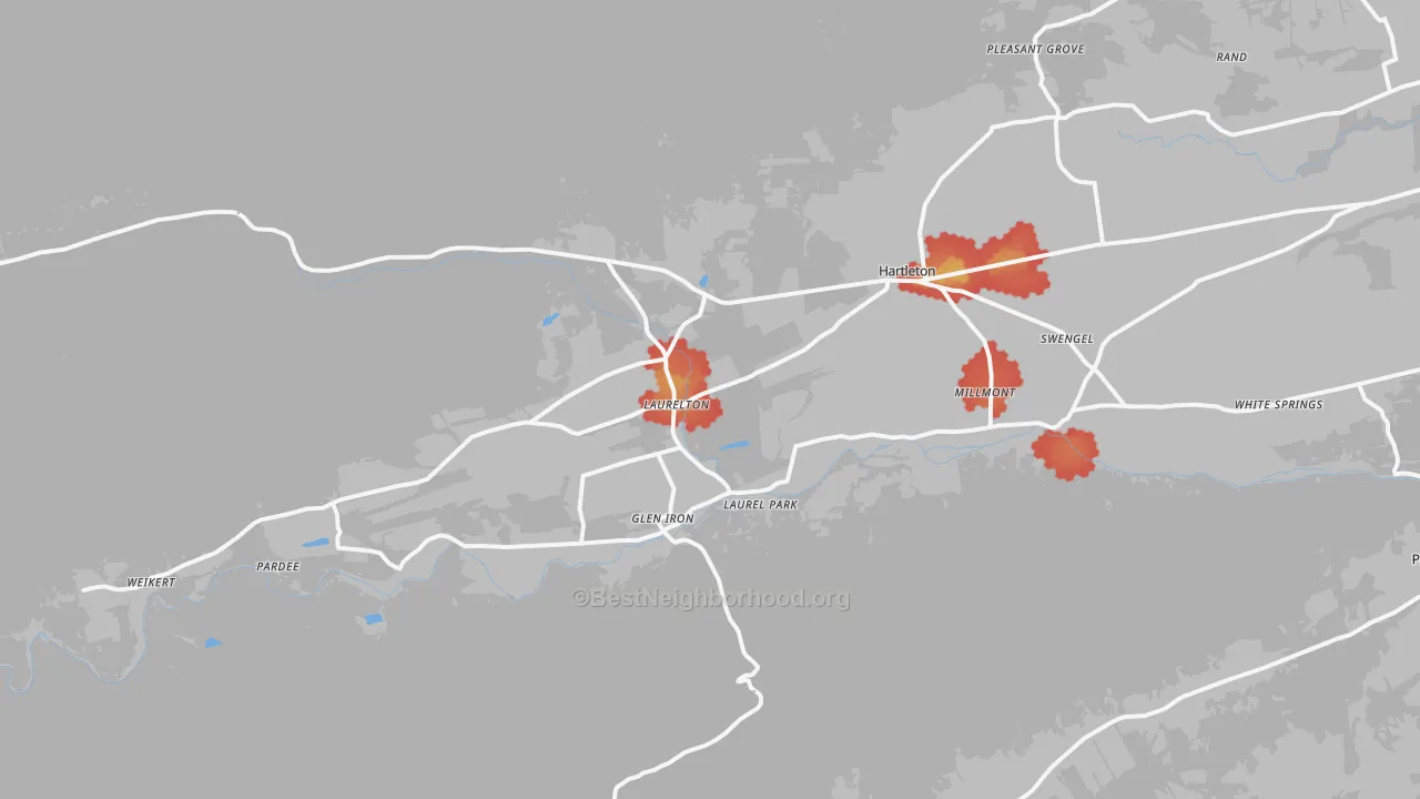 Walk Grade map of 17845, PA, walkable areas in green and car-dependent areas in red