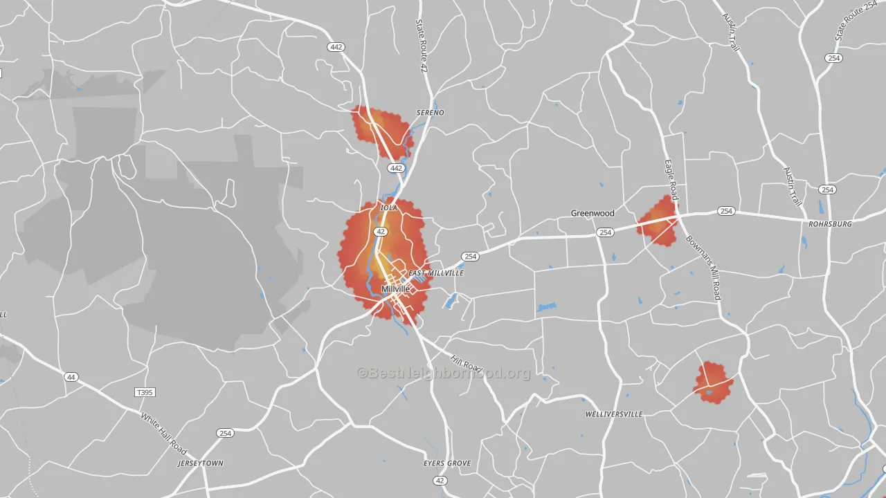 Walk Grade map of 17846, PA, walkable areas in green and car-dependent areas in red
