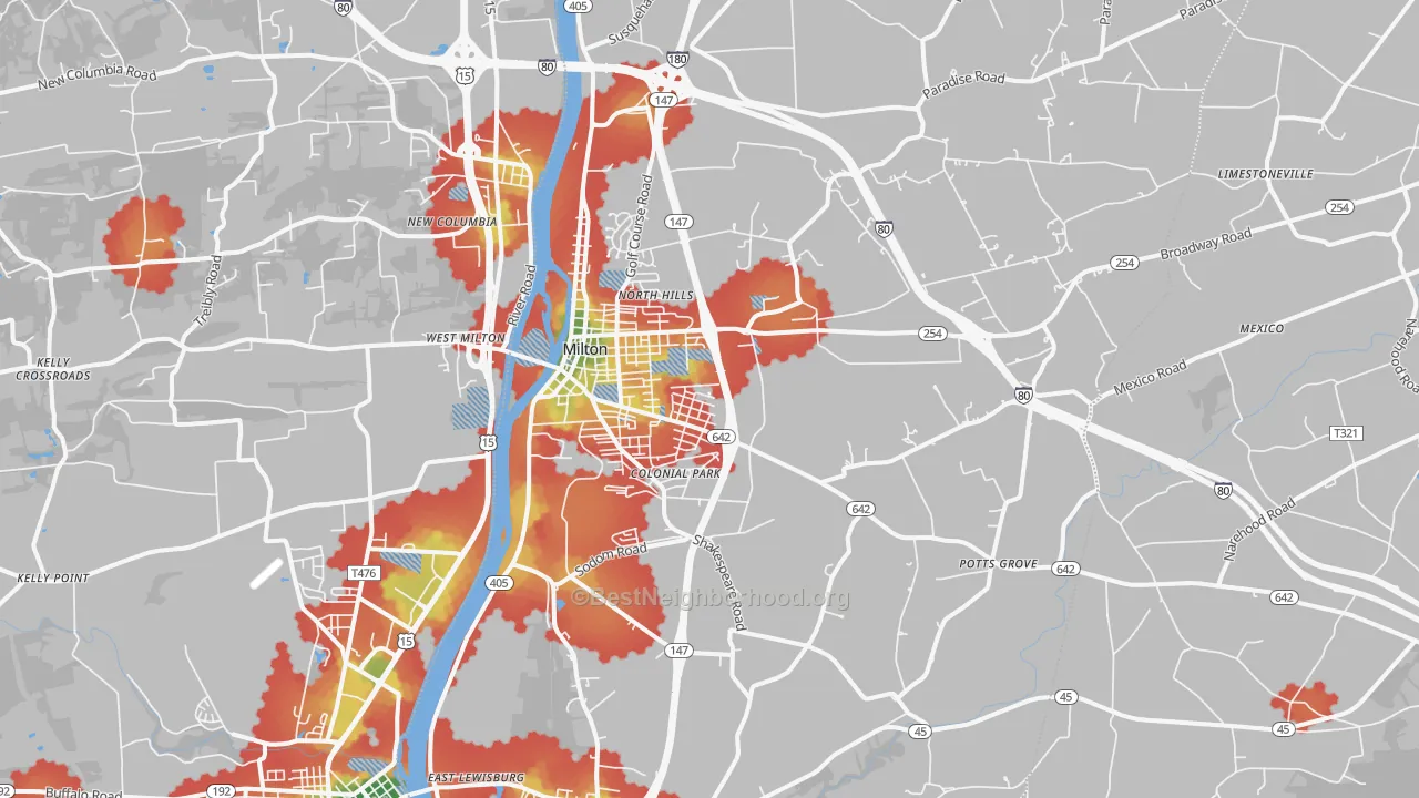 Walk Grade map of 17847, PA, walkable areas in green and car-dependent areas in red