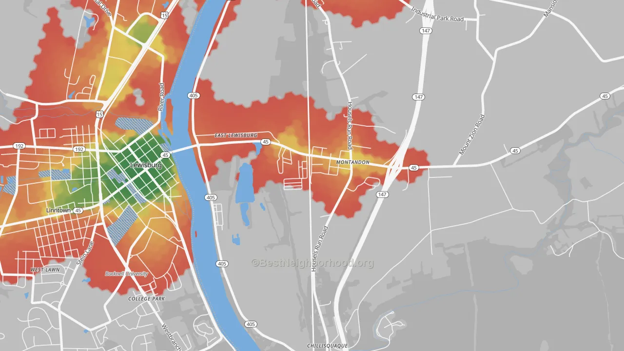 Walk Grade map of 17850, PA, walkable areas in green and car-dependent areas in red