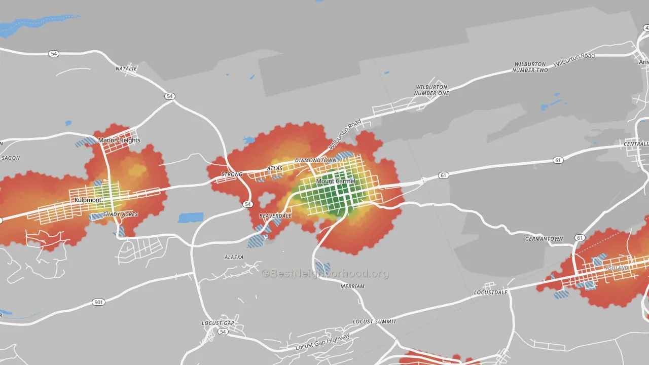 Walk Grade map of 17851, PA, walkable areas in green and car-dependent areas in red