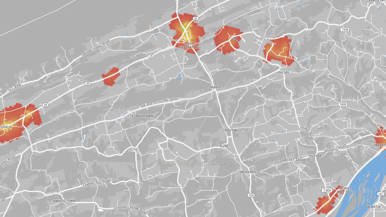 Walk Grade map of 17853, PA, walkable areas in green and car-dependent areas in red