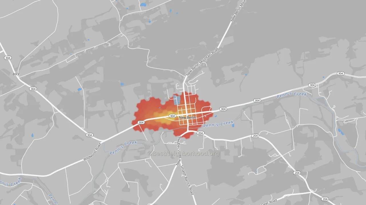 Walk Grade map of 17855, PA, walkable areas in green and car-dependent areas in red