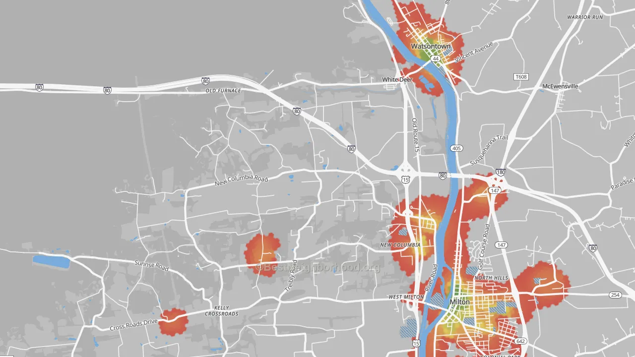 Walk Grade map of 17856, PA, walkable areas in green and car-dependent areas in red
