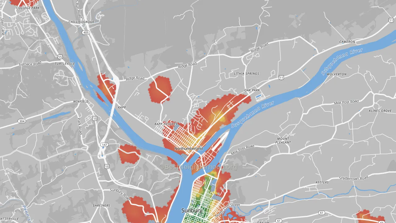 Walk Grade map of 17857, PA, walkable areas in green and car-dependent areas in red