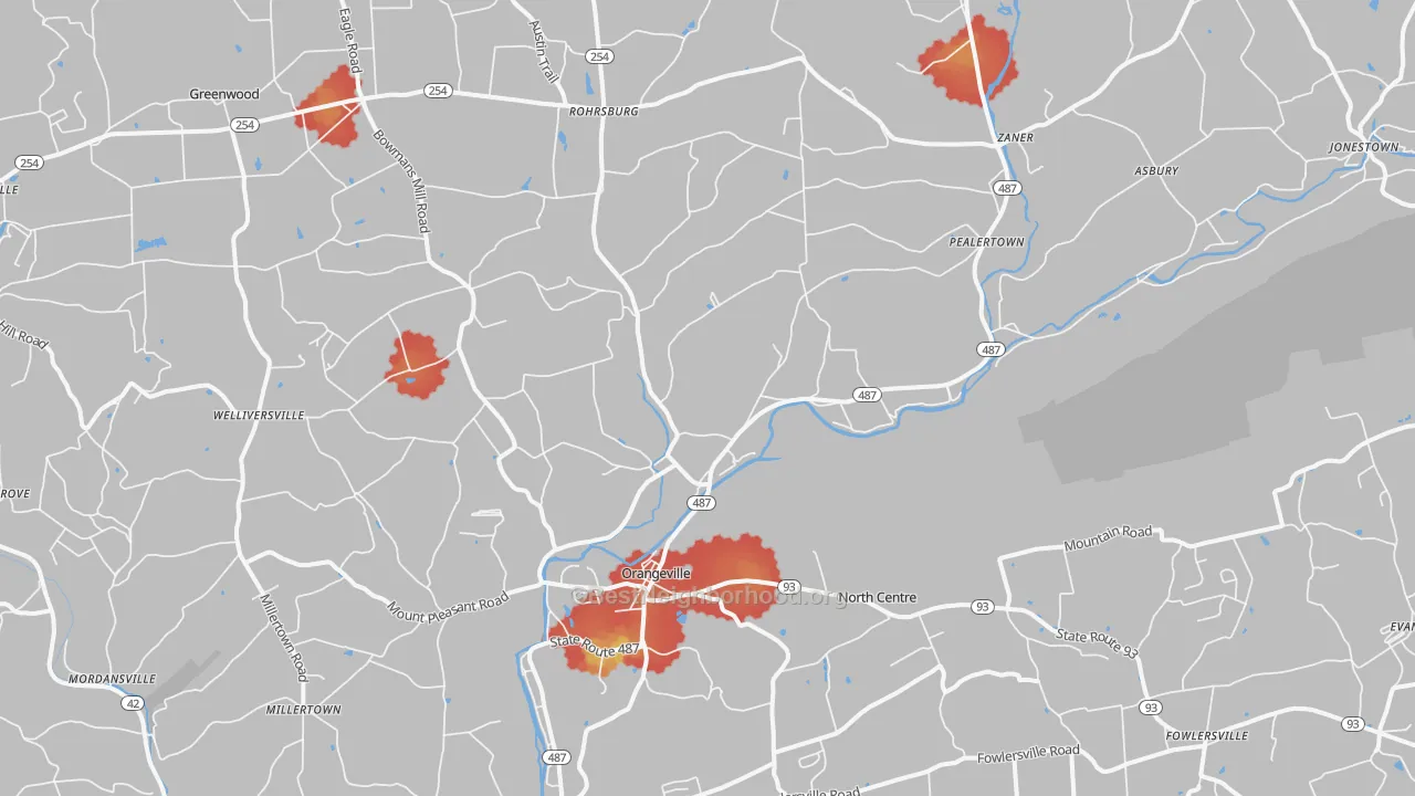 Walk Grade map of 17859, PA, walkable areas in green and car-dependent areas in red