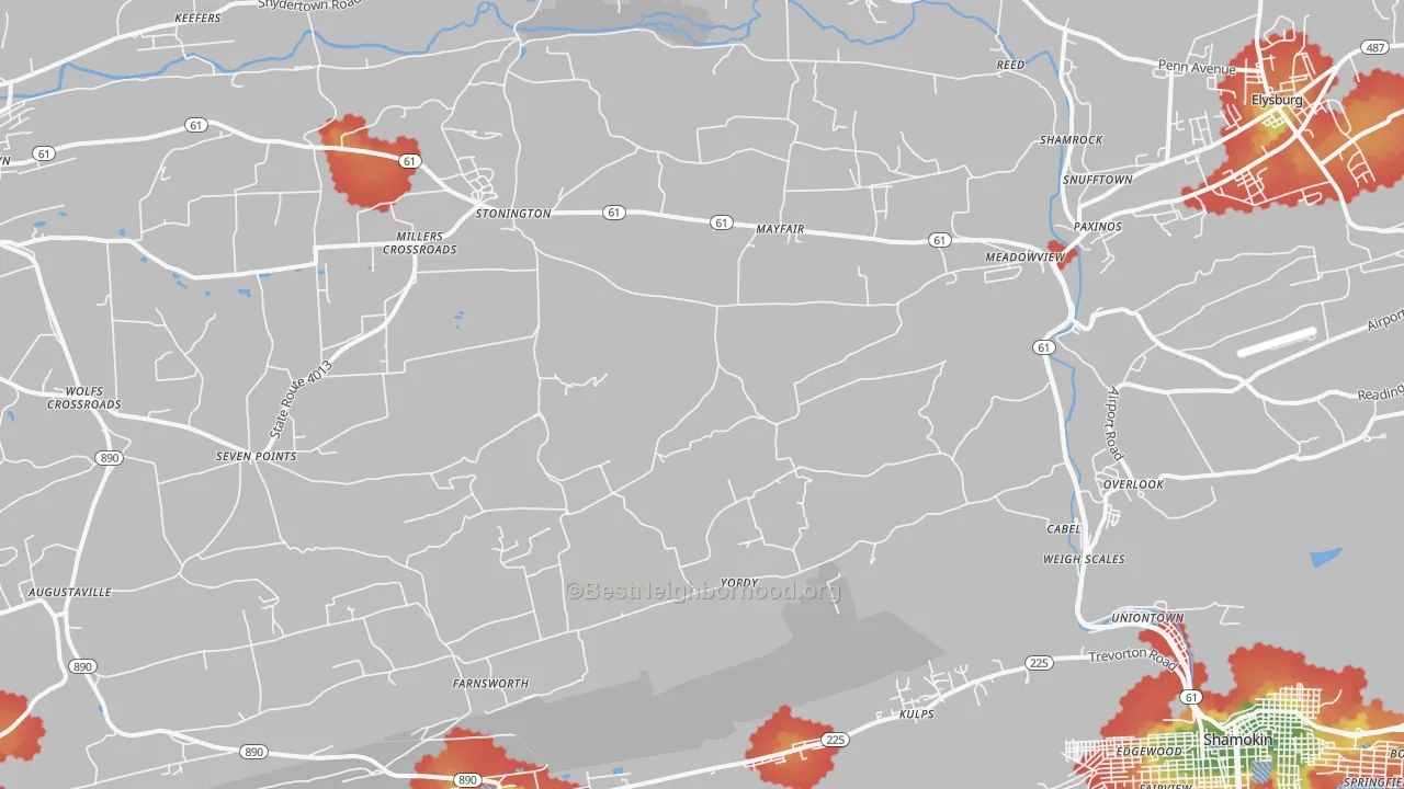 Walk Grade map of 17860, PA, walkable areas in green and car-dependent areas in red