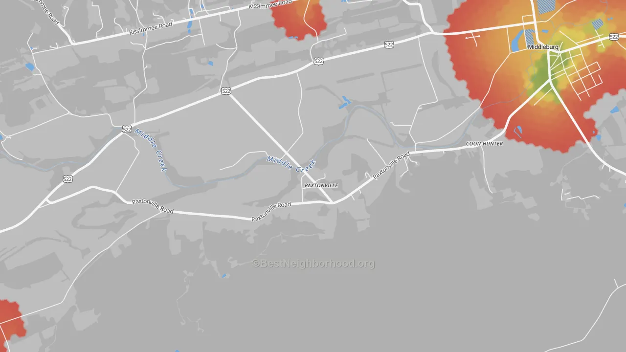 Walk Grade map of 17861, PA, walkable areas in green and car-dependent areas in red