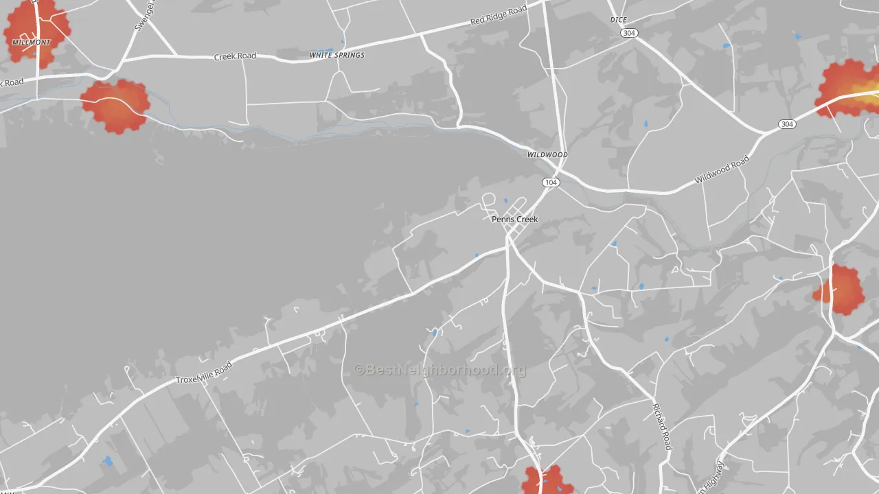 Walk Grade map of 17862, PA, walkable areas in green and car-dependent areas in red