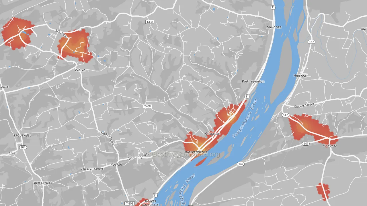 Walk Grade map of 17864, PA, walkable areas in green and car-dependent areas in red