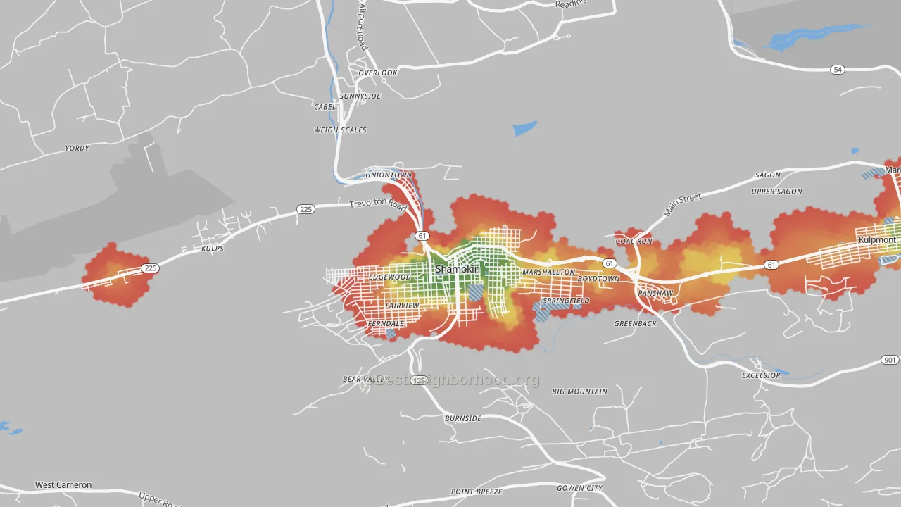Walk Grade map of 17866, PA, walkable areas in green and car-dependent areas in red
