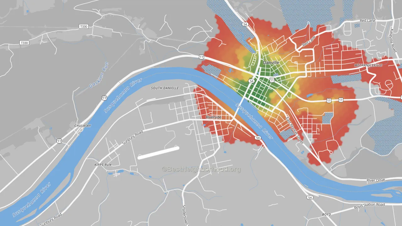 Walk Grade map of 17868, PA, walkable areas in green and car-dependent areas in red