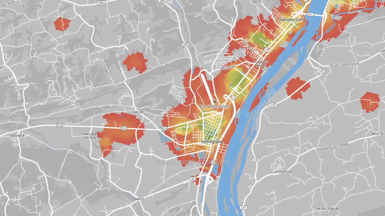 Walk Grade map of 17870, PA, walkable areas in green and car-dependent areas in red