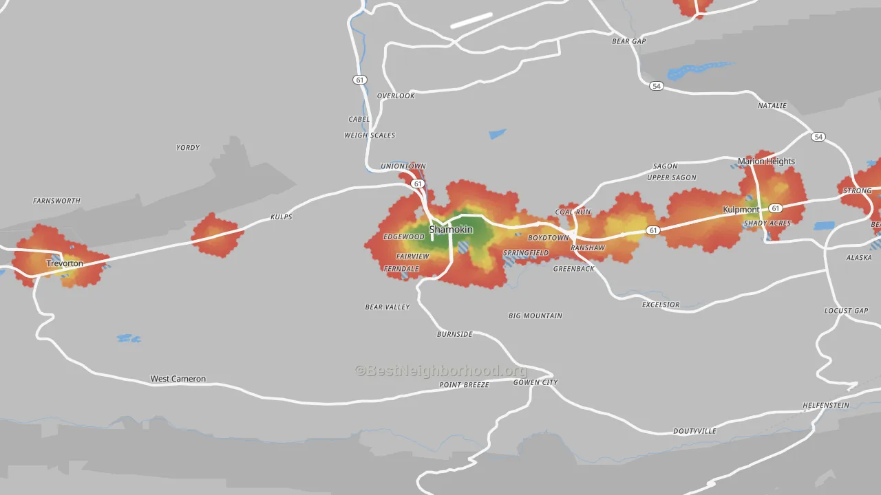 Walk Grade map of 17872, PA, walkable areas in green and car-dependent areas in red