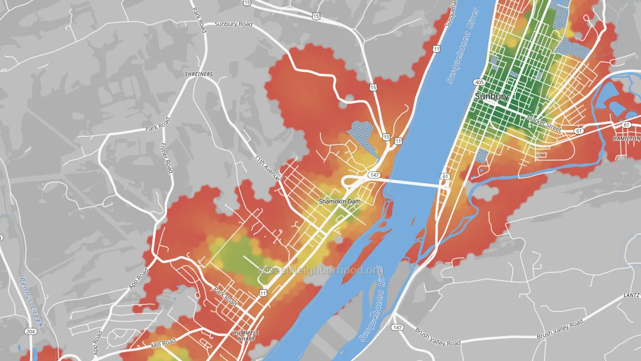 Walk Grade map of 17876, PA, walkable areas in green and car-dependent areas in red