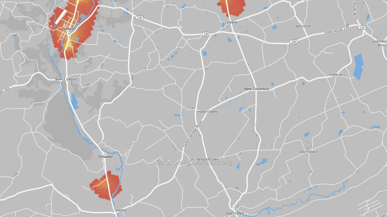 Walk Grade map of 17878, PA, walkable areas in green and car-dependent areas in red