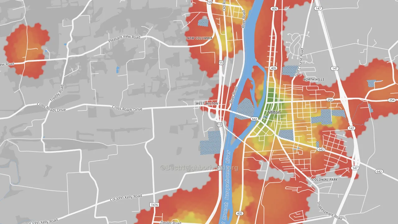 Walk Grade map of 17886, PA, walkable areas in green and car-dependent areas in red