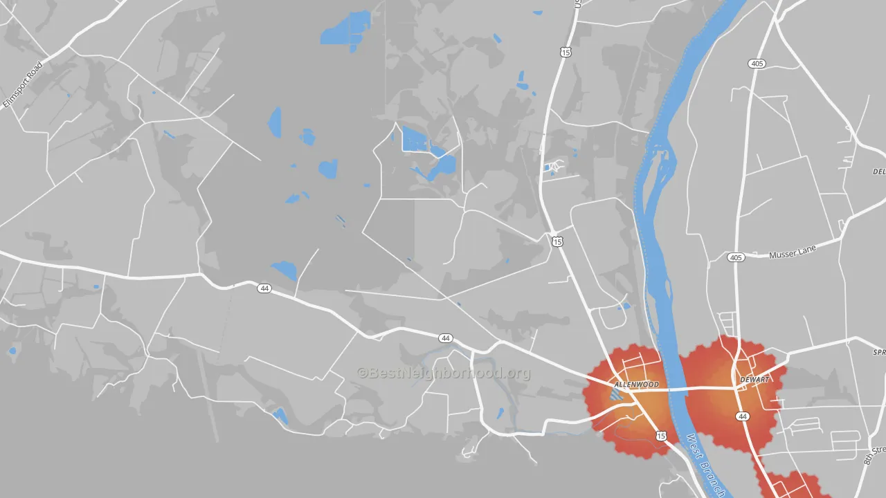 Walk Grade map of 17887, PA, walkable areas in green and car-dependent areas in red