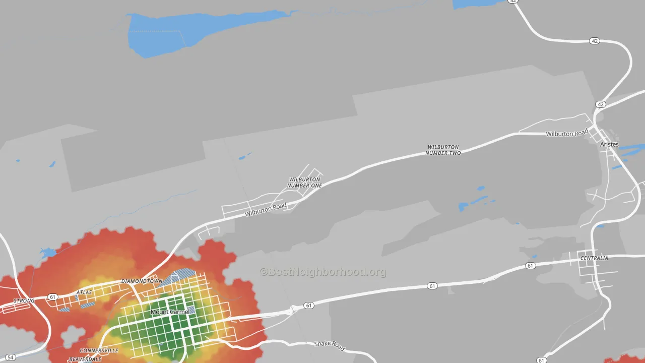 Walk Grade map of 17888, PA, walkable areas in green and car-dependent areas in red