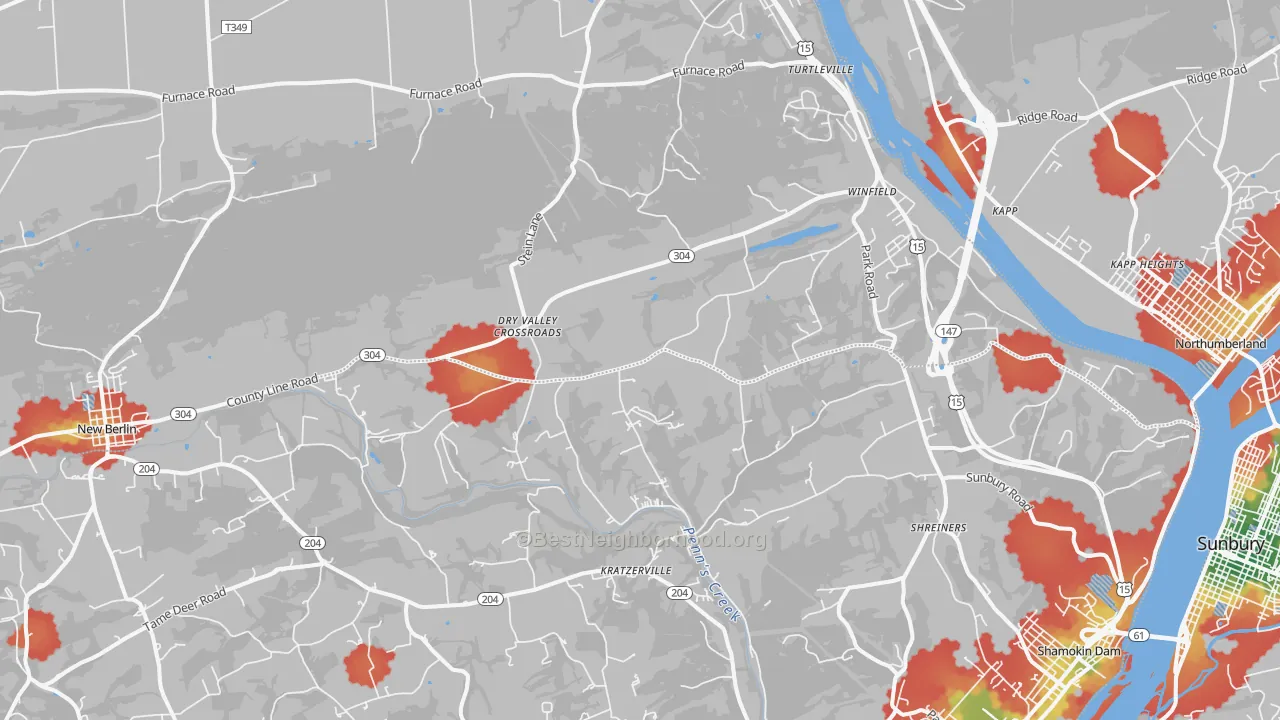 Walk Grade map of 17889, PA, walkable areas in green and car-dependent areas in red