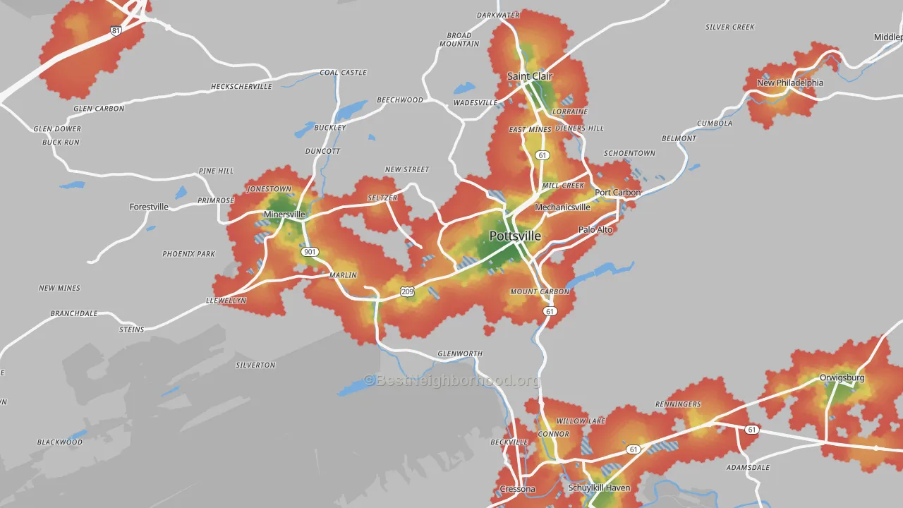 Walk Grade map of 17901, PA, walkable areas in green and car-dependent areas in red