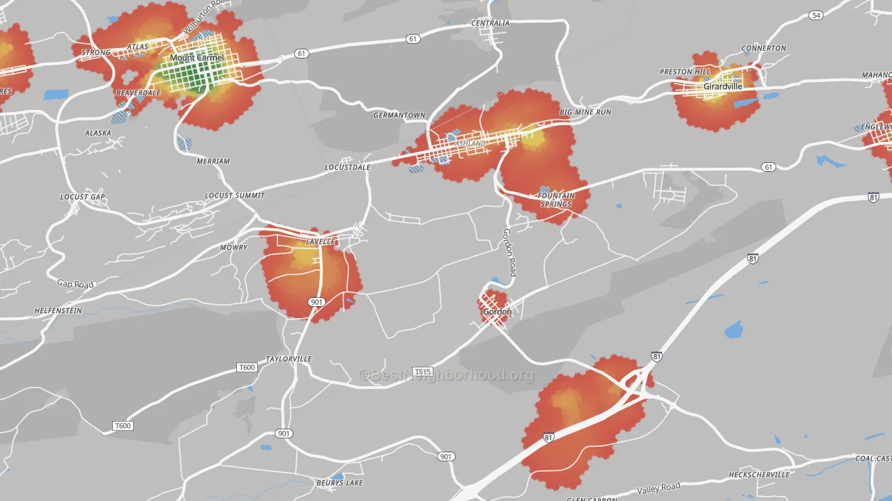 Walk Grade map of 17921, PA, walkable areas in green and car-dependent areas in red