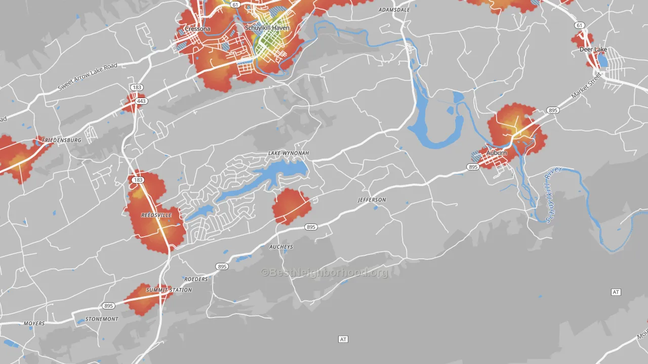Walk Grade map of 17922, PA, walkable areas in green and car-dependent areas in red
