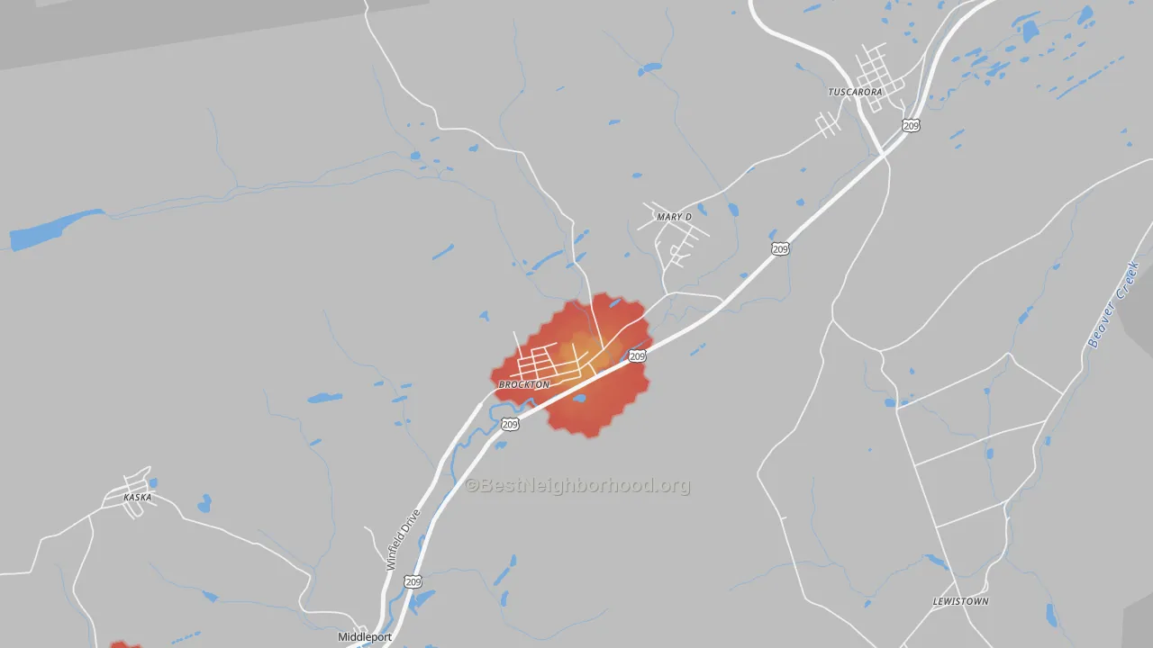 Walk Grade map of 17925, PA, walkable areas in green and car-dependent areas in red