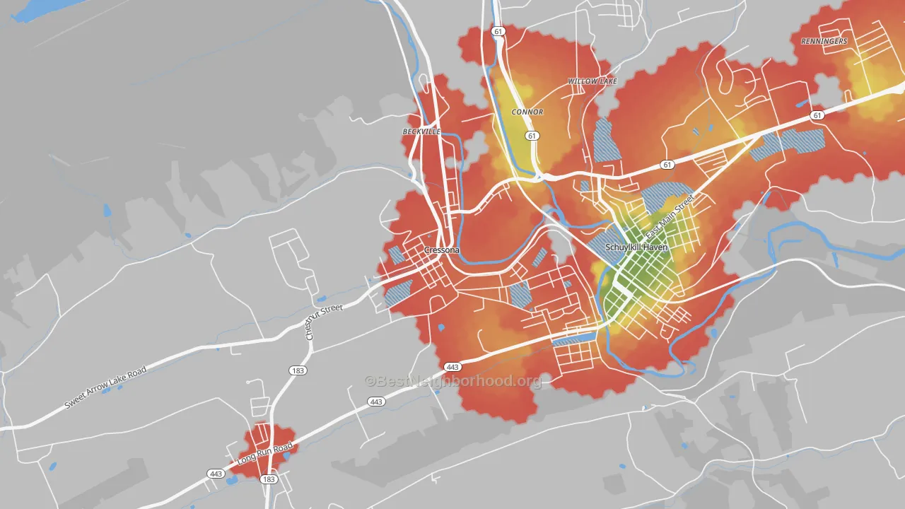 Walk Grade map of 17929, PA, walkable areas in green and car-dependent areas in red