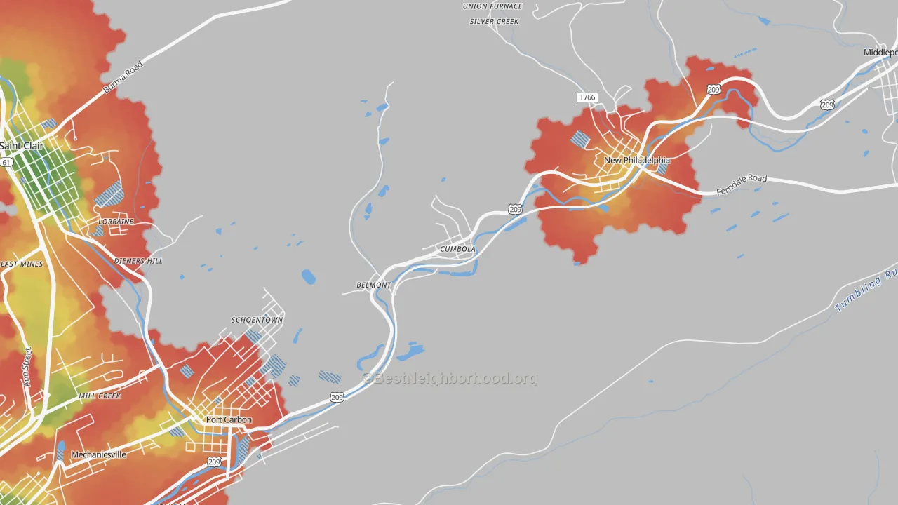 Walk Grade map of 17930, PA, walkable areas in green and car-dependent areas in red