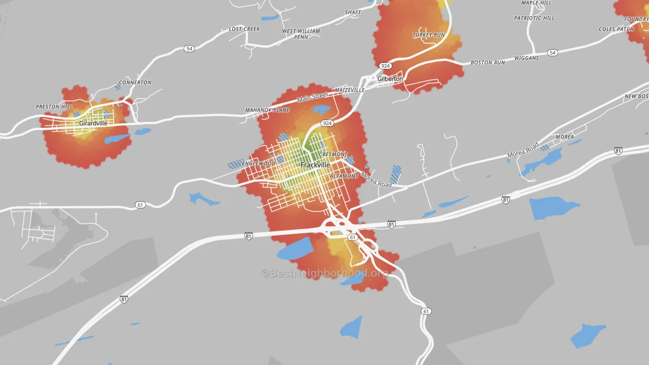 Walk Grade map of 17931, PA, walkable areas in green and car-dependent areas in red