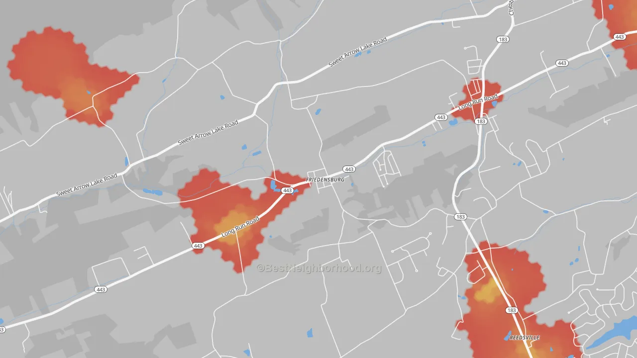 Walk Grade map of 17933, PA, walkable areas in green and car-dependent areas in red