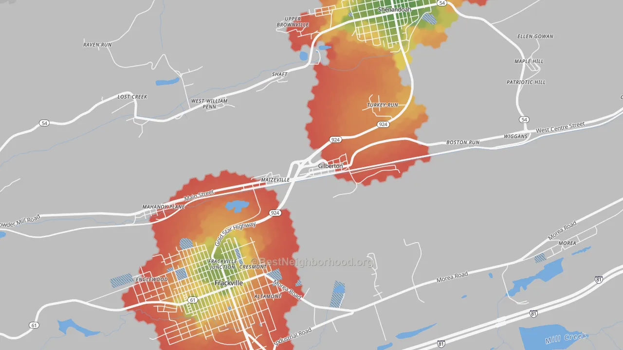Walk Grade map of 17934, PA, walkable areas in green and car-dependent areas in red
