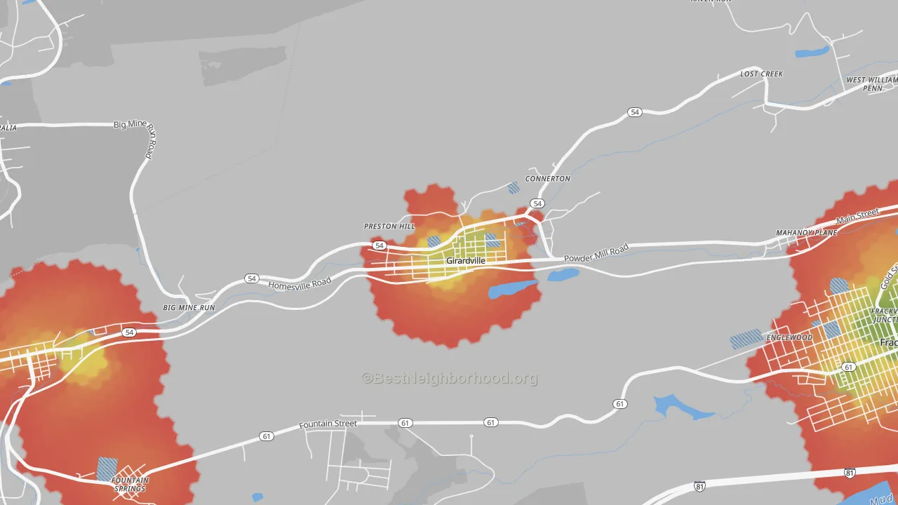 Walk Grade map of 17935, PA, walkable areas in green and car-dependent areas in red