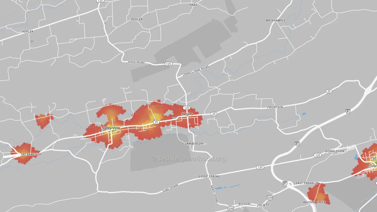 Walk Grade map of 17938, PA, walkable areas in green and car-dependent areas in red