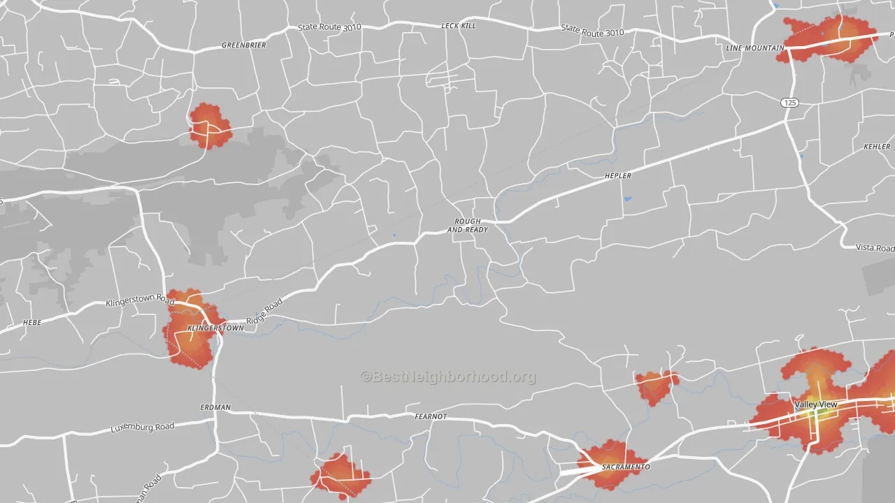 Walk Grade map of 17941, PA, walkable areas in green and car-dependent areas in red