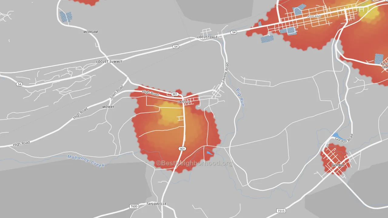 Walk Grade map of 17943, PA, walkable areas in green and car-dependent areas in red