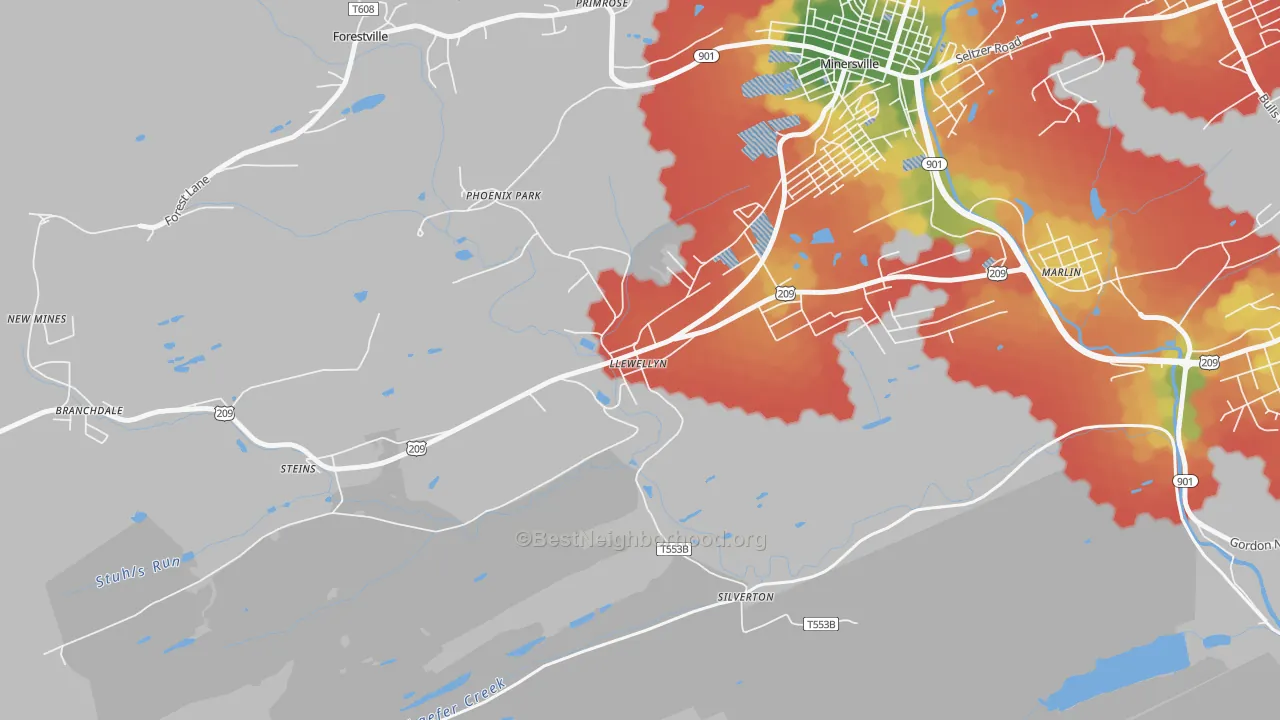 Walk Grade map of 17944, PA, walkable areas in green and car-dependent areas in red