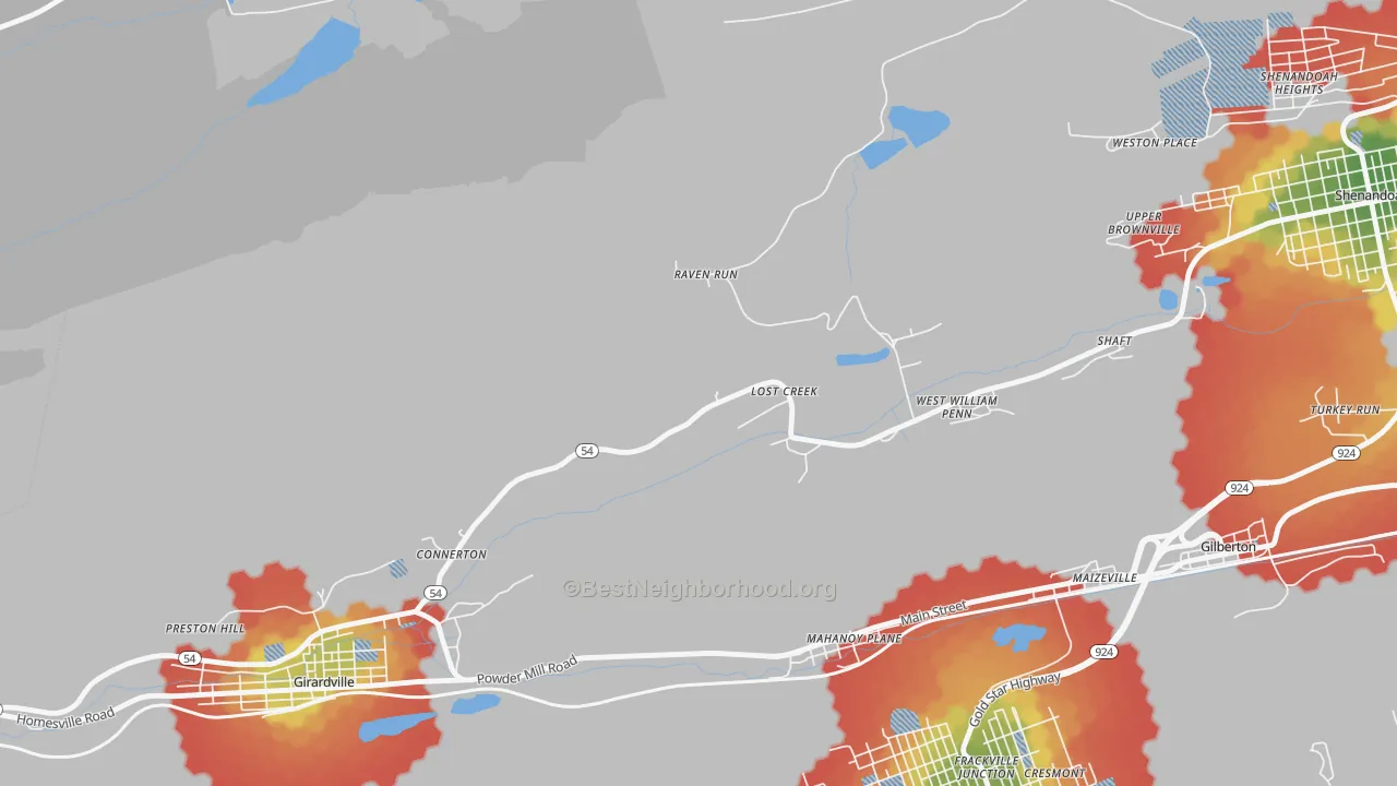 Walk Grade map of 17946, PA, walkable areas in green and car-dependent areas in red