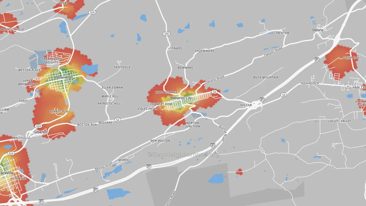 Walk Grade map of 17948, PA, walkable areas in green and car-dependent areas in red