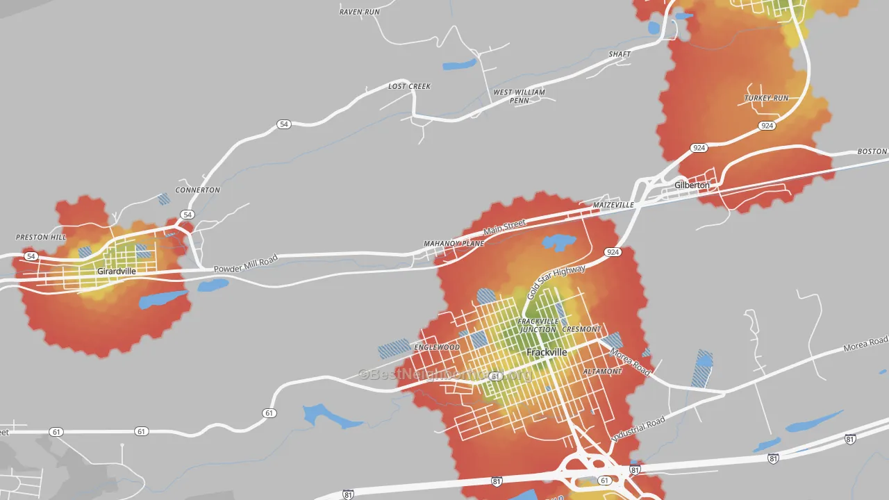 Walk Grade map of 17949, PA, walkable areas in green and car-dependent areas in red