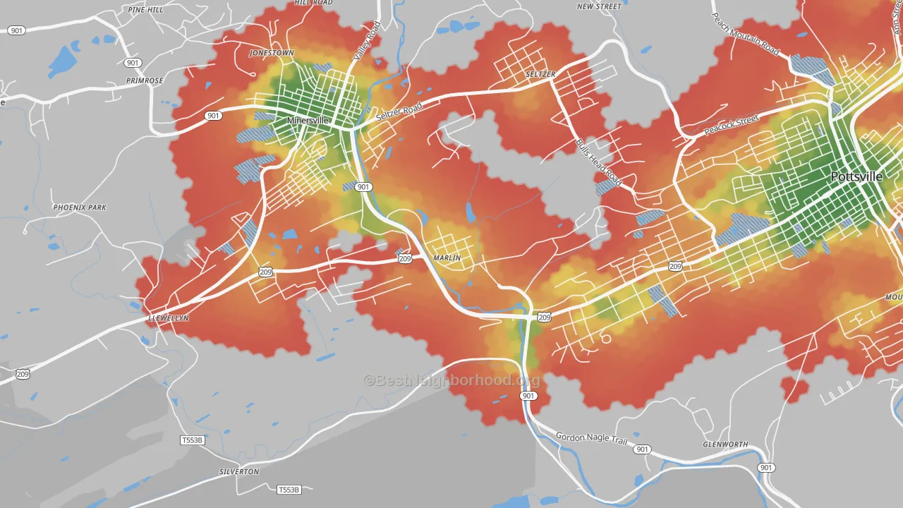 Walk Grade map of 17951, PA, walkable areas in green and car-dependent areas in red