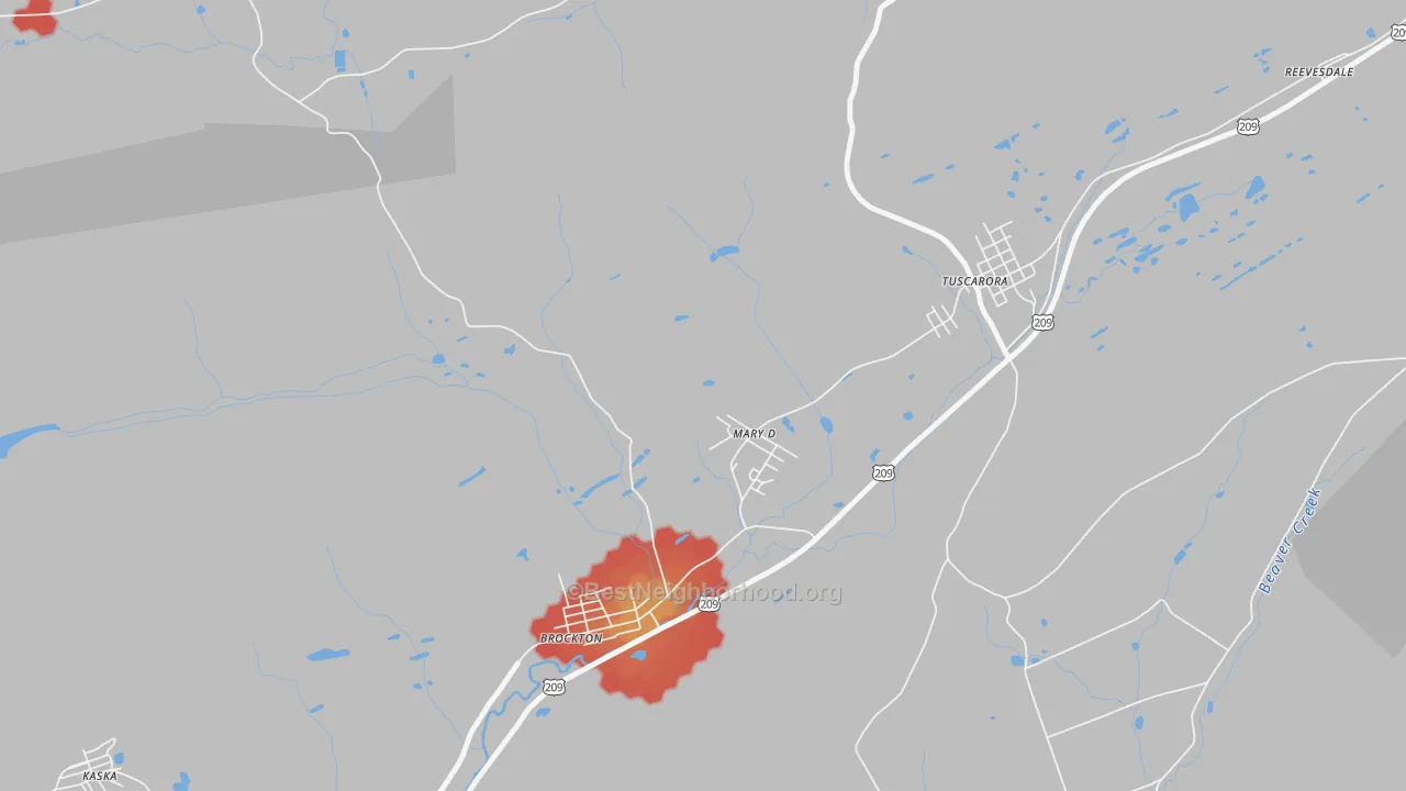 Walk Grade map of 17952, PA, walkable areas in green and car-dependent areas in red