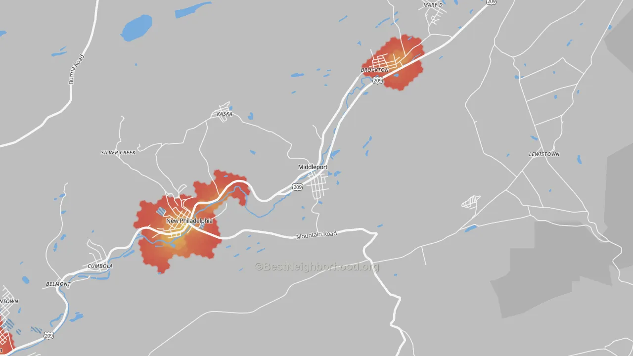 Walk Grade map of 17953, PA, walkable areas in green and car-dependent areas in red