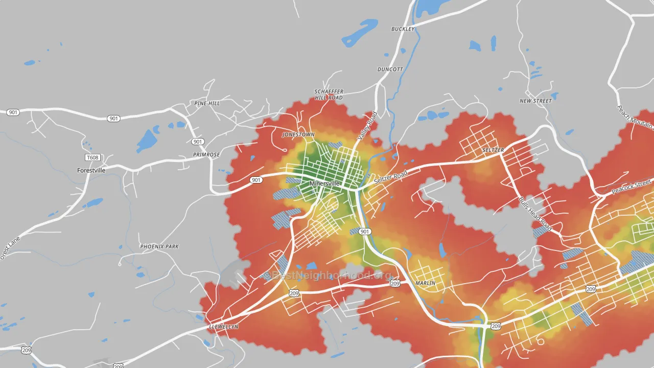 Walk Grade map of 17954, PA, walkable areas in green and car-dependent areas in red