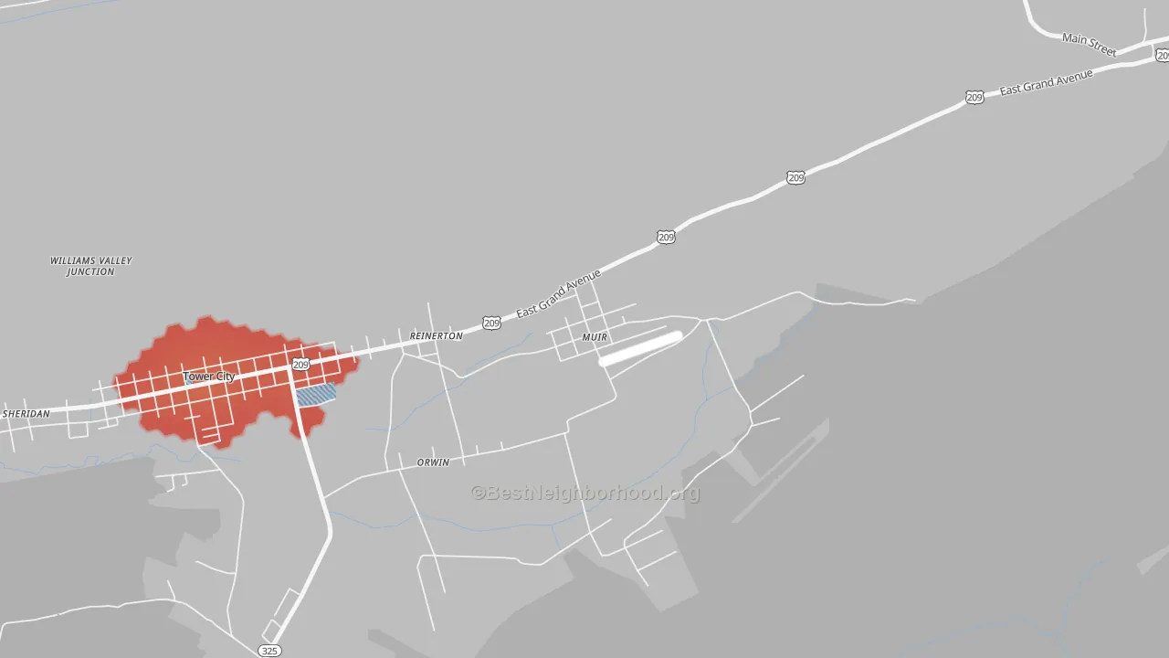 Walk Grade map of 17957, PA, walkable areas in green and car-dependent areas in red