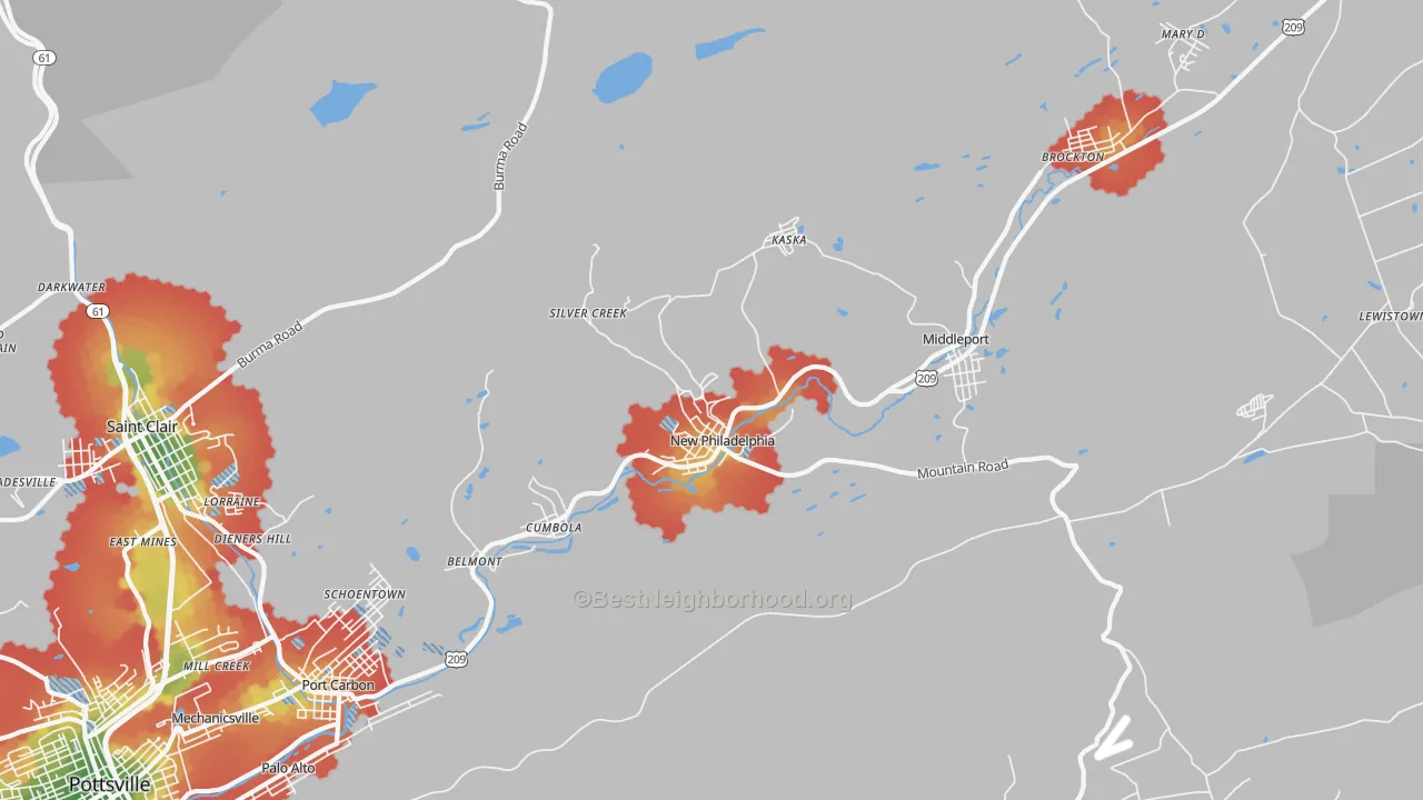 Walk Grade map of 17959, PA, walkable areas in green and car-dependent areas in red